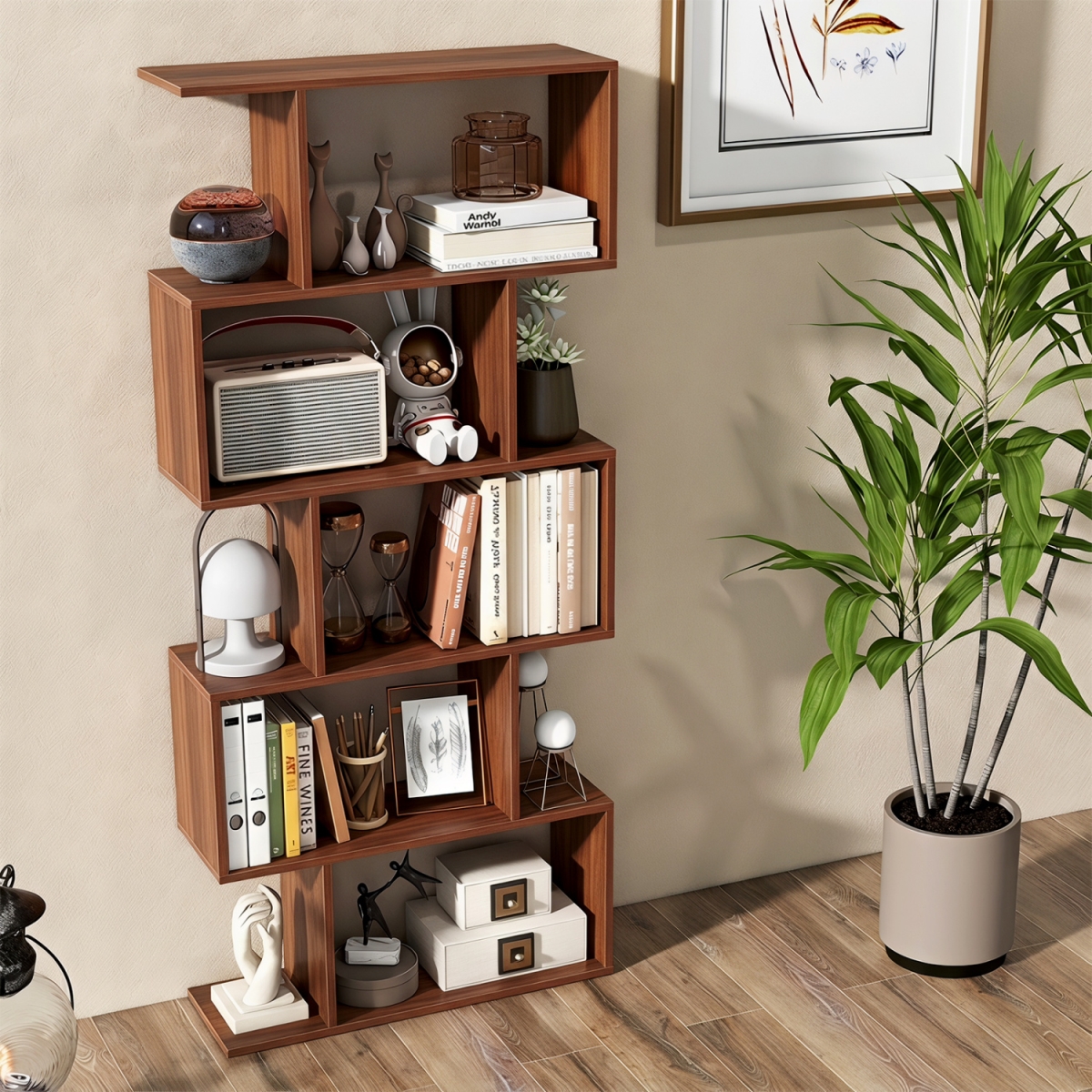 CB10830HT 5-Tier S-Shaped Bookshelf with Anti-Tip Kit for Living Room Home Office - Walnut