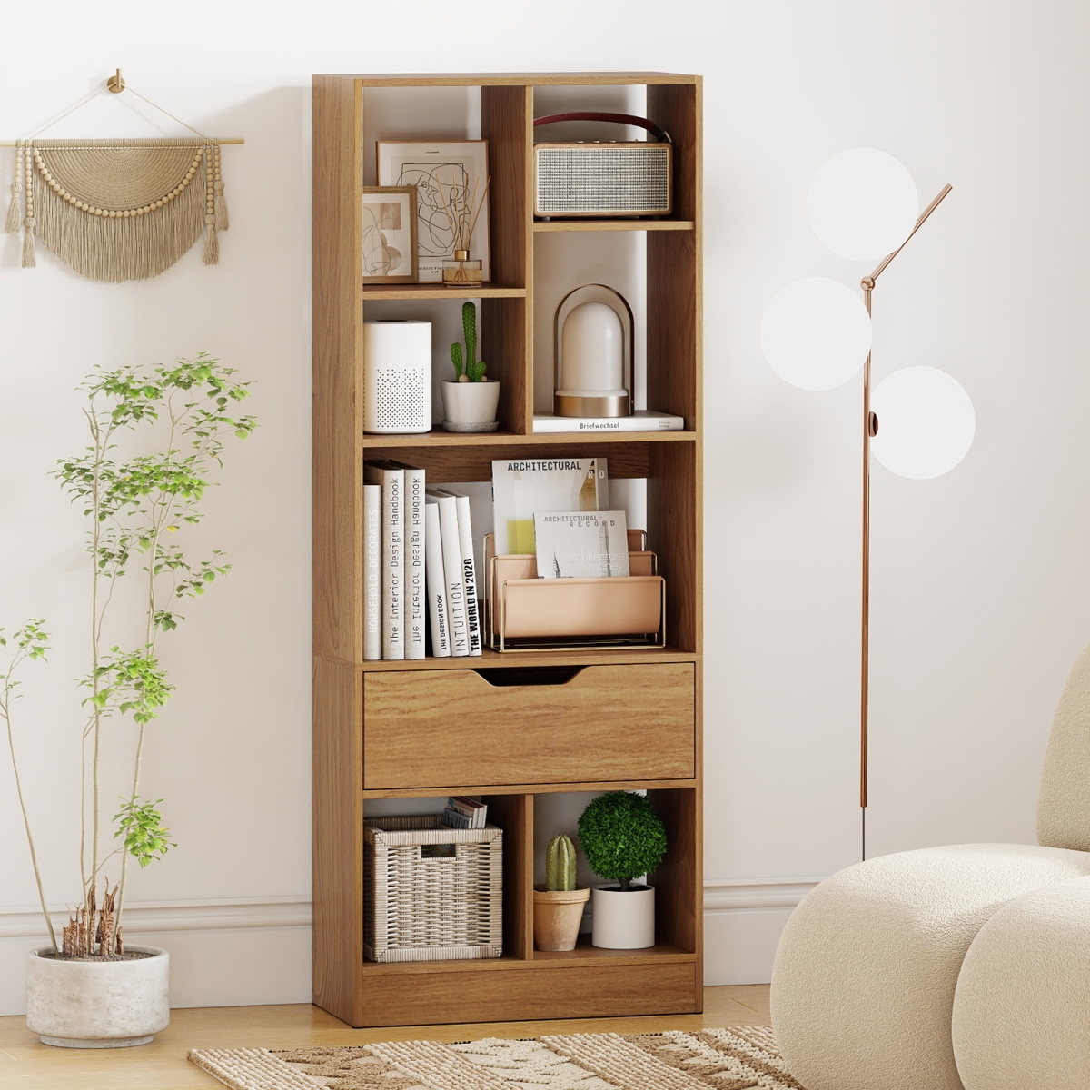 CB11032NA 51 in. Tall Freestanding Bookcase with Drawer 7-Cube Storage Organizer - Natural