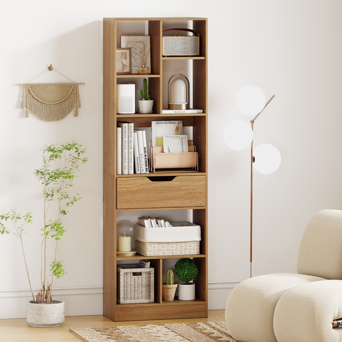 CB11033NA 61 in. Tall Freestanding Bookcase with Drawer 8-Cube Storage Organizer - Natural