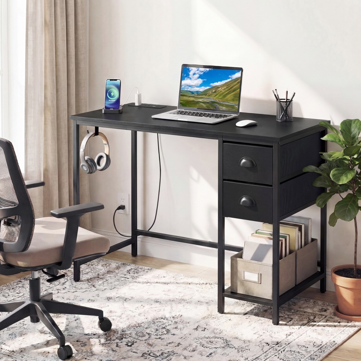 CB11177US-DK Computer Desk with Charging Station & 2 Fabric Drawers for Small Spaces - Black
