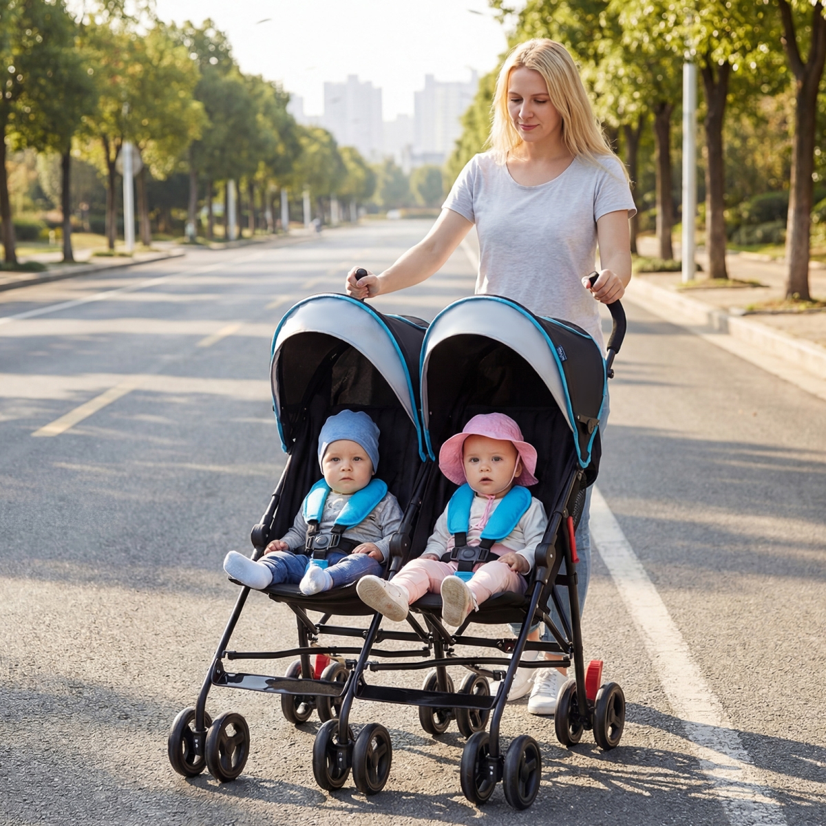BB5681NY Foldable Twin Baby Double Ultralight Umbrella Kids Stroller - Navy