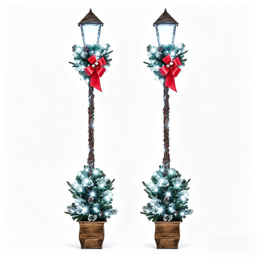 2-CM25133US-BE 6.1 ft. Christmas Pre-Lit Street Lamp with Artificial Greenery & Snow-Flocked Branch Tips - Bright White - Set of 2