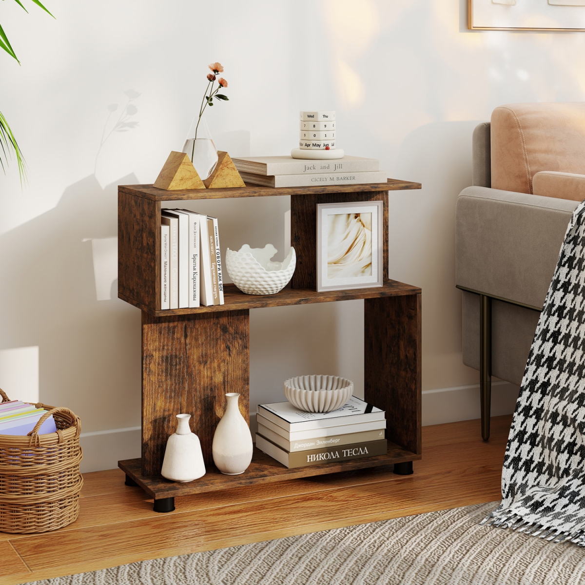 CB11159CF 3-Tier Modern S-Shaped Bookshelf with Adjustable Feet - Rustic Brown