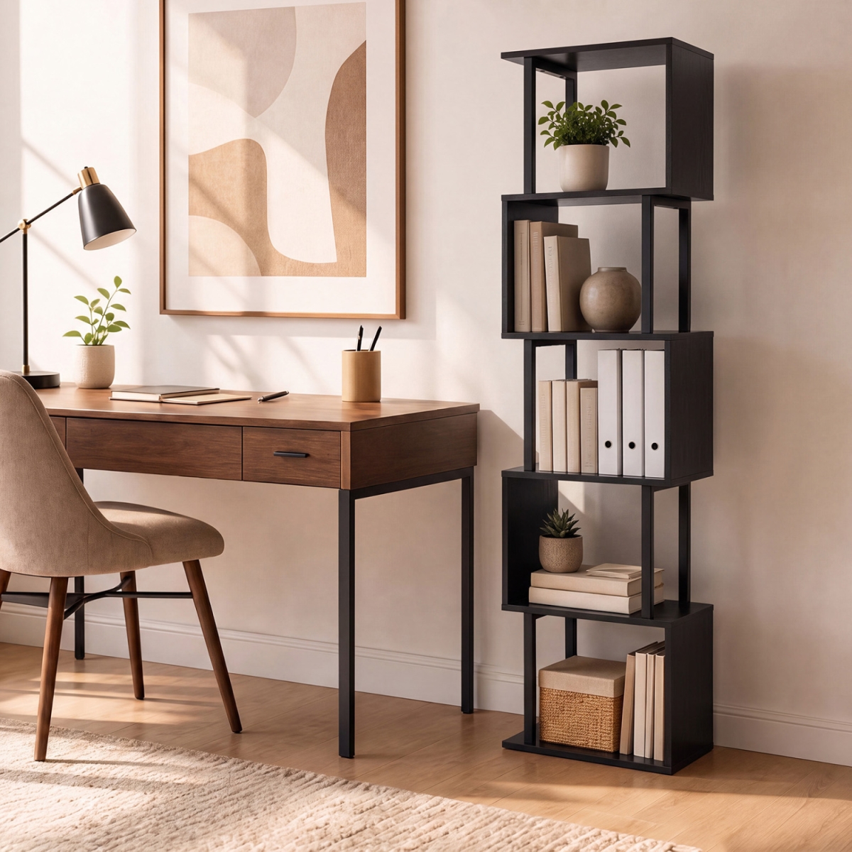 CB11191DK 5-Tier S-Shaped Bookshelf with Open Cubes & Anti-Toppling Kits for Living Room - Black