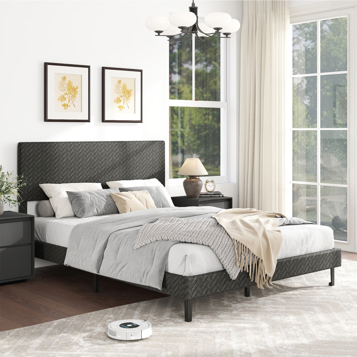 HU11098US-QGR Velvet Upholstered Platform Bed Frame with Chevron Headboard - Gray - Queen Size