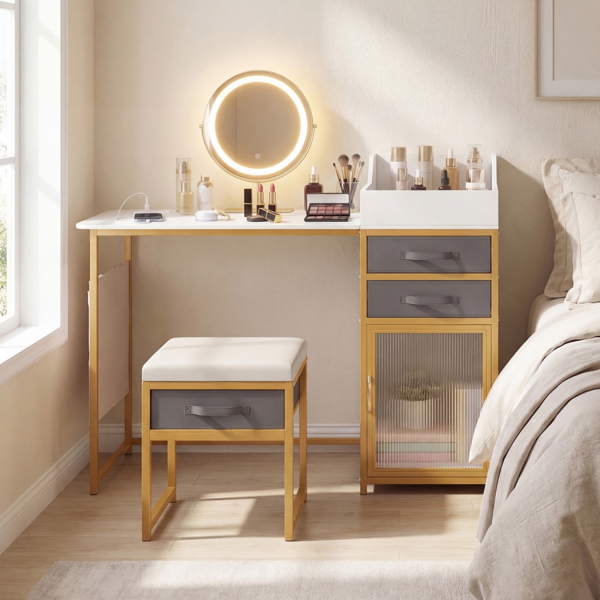 HU11166US-WH Vanity Desk with Rotatable Lighted Mirror 55 in. Makeup Vanity Table - White