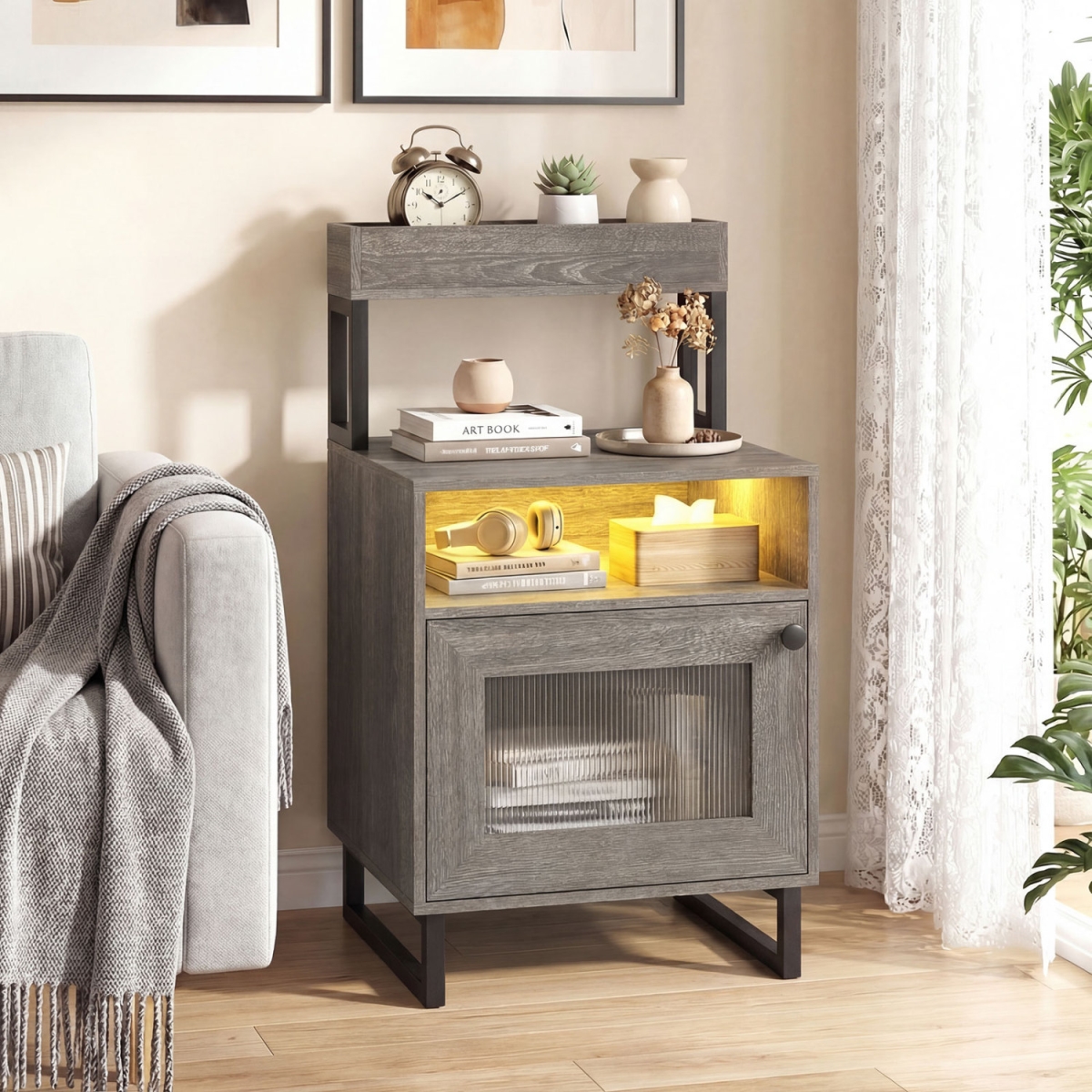 HU11248US-OA Nightstand with LED Lights Modern End Table with Top Tray Open Compartment & Storage Cabinet - Gray