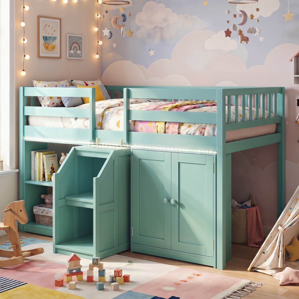 HU11302LST- Twin Size Loft Bed with LED Lights & Kids Wooden Bed Frame - Green