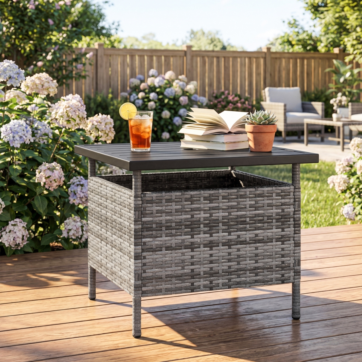 HW70915GR Patio Square Wicker Side Table with Umbrella Hole for Yard - Gray