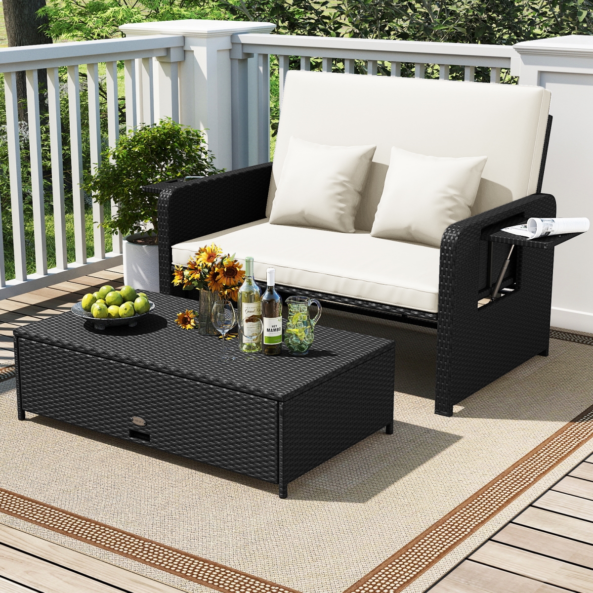 HW75136WH PE Wicker Outdoor Daybed with 4-Level Adjustable Backrest & Storage Ottoman - White
