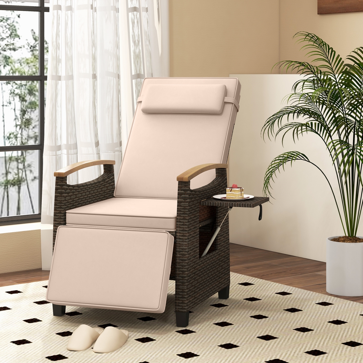 HW75158BN Patio Wicker Recliner Chair with Adjustable Backrest & Footrest - Brown