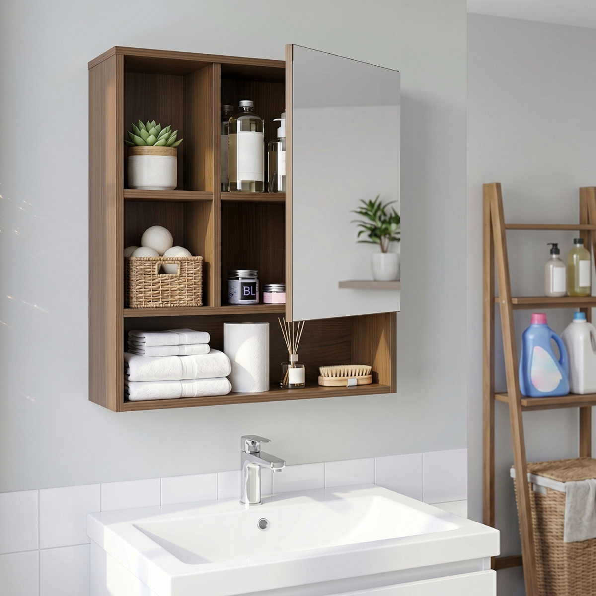 BA8503HT Wall-Mounted Mirror Cabinet with 2 Hidden Shelves & 3 Open Compartments - Walnut