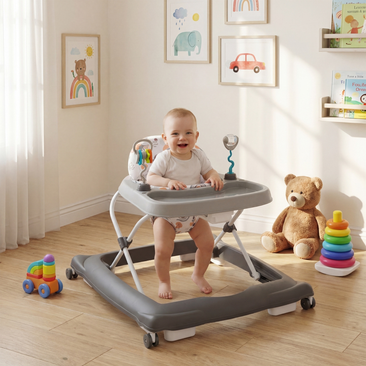 BC10353GR Foldable Baby Walker with Removable Seat & Adjustable Height for 6-12 Months - Gray