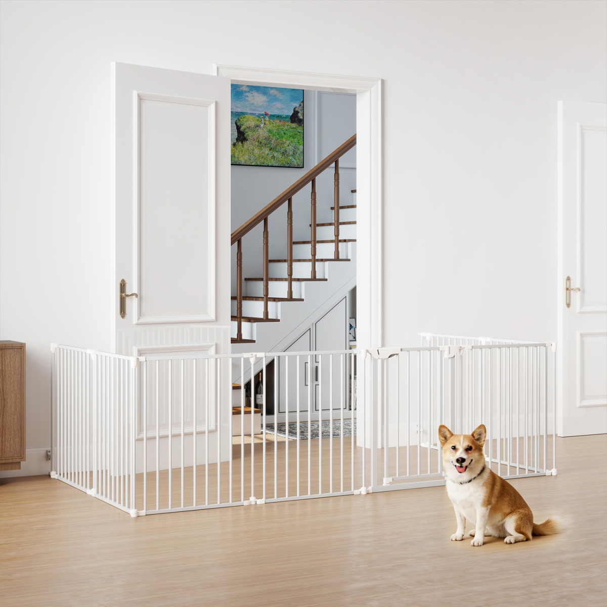 BE10066WH 8-Panel Extra Wide Baby Gate Adjustable Pet Safety Fence with Auto-Close Door - White