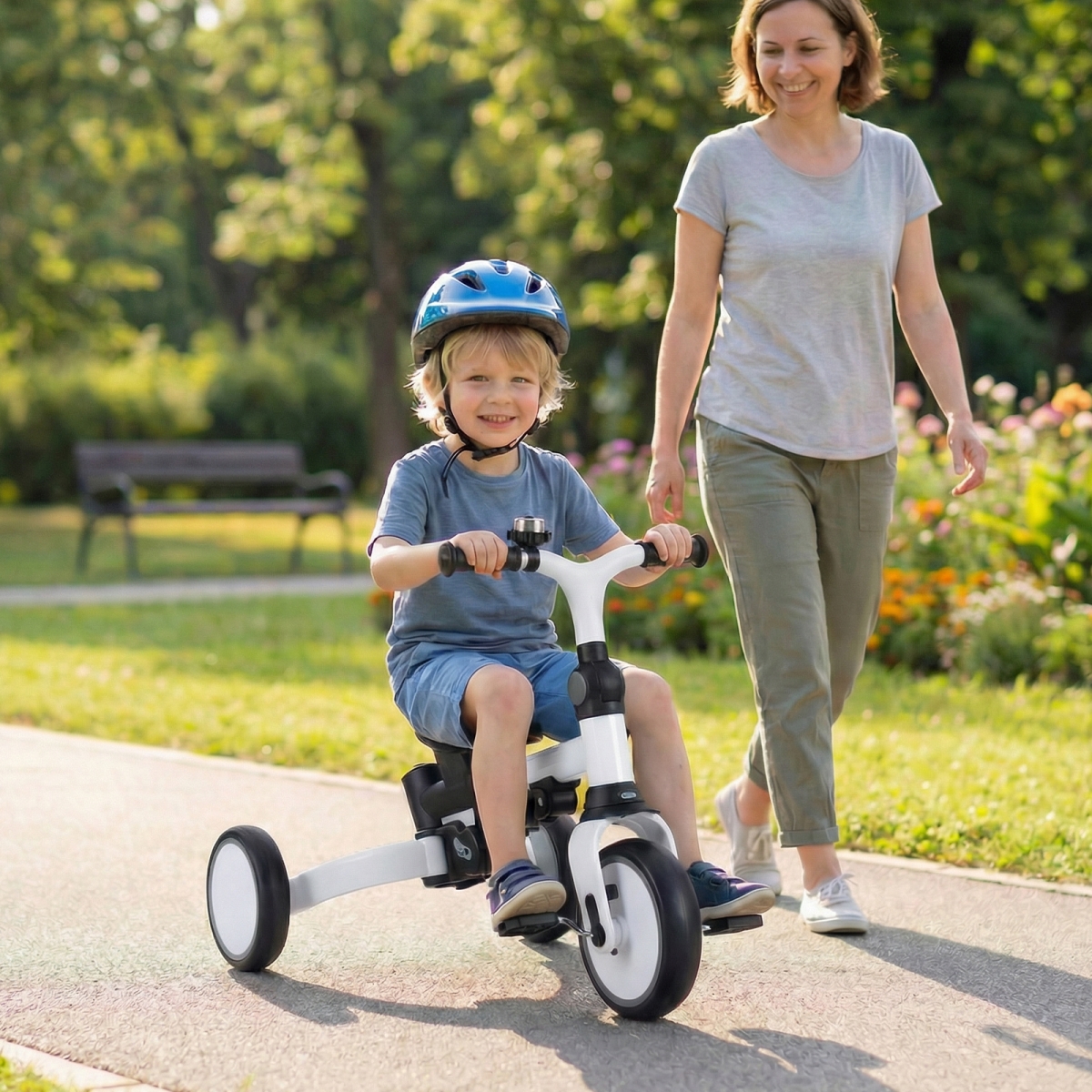 BC10303GR 8-in-1 Folding Kids Tricycle with Removable Canopy & Push Handle - Gray