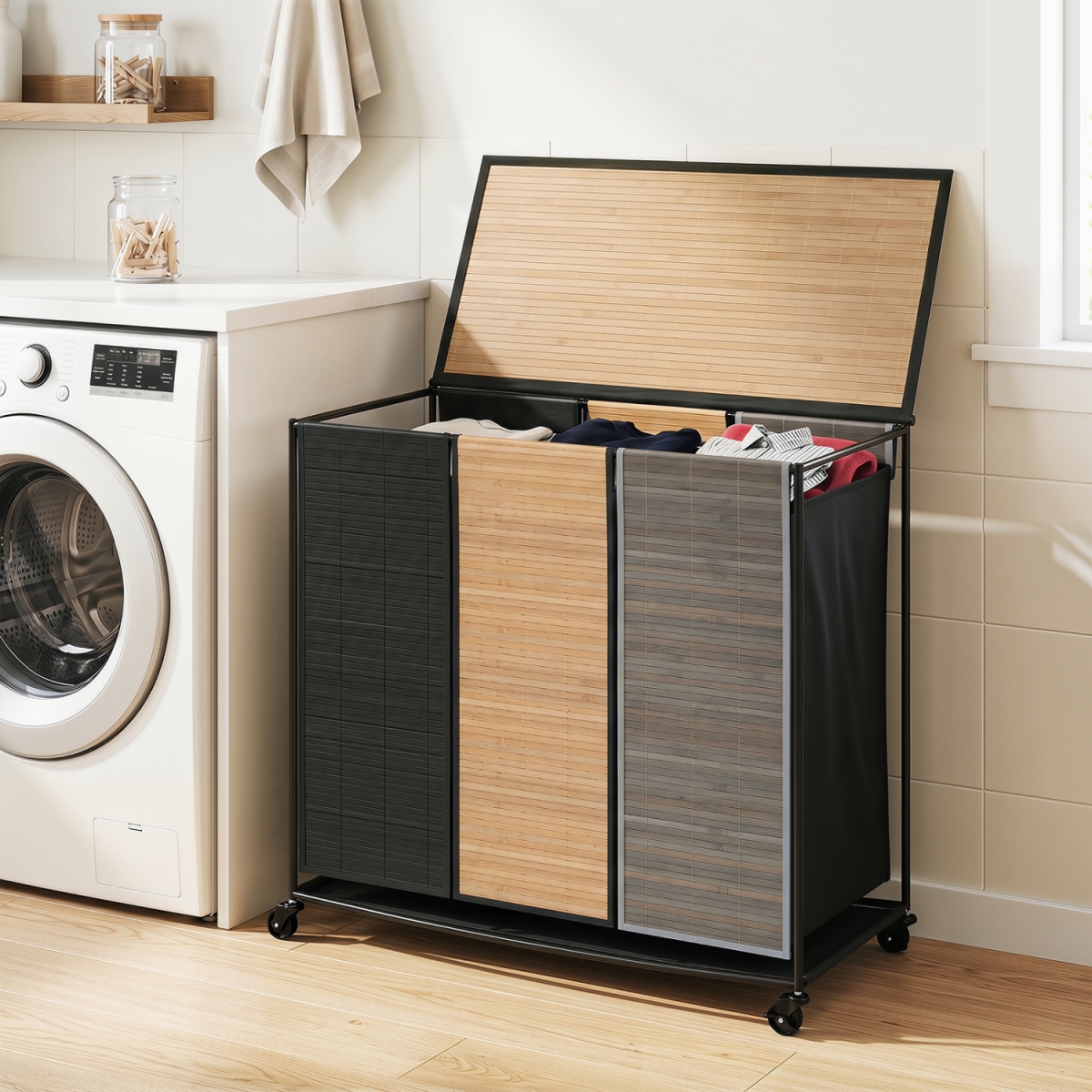 JZ10300HS 21.4 gal Laundry Hamper with Lid 3-Section with 2 Lockable Wheels - Gray