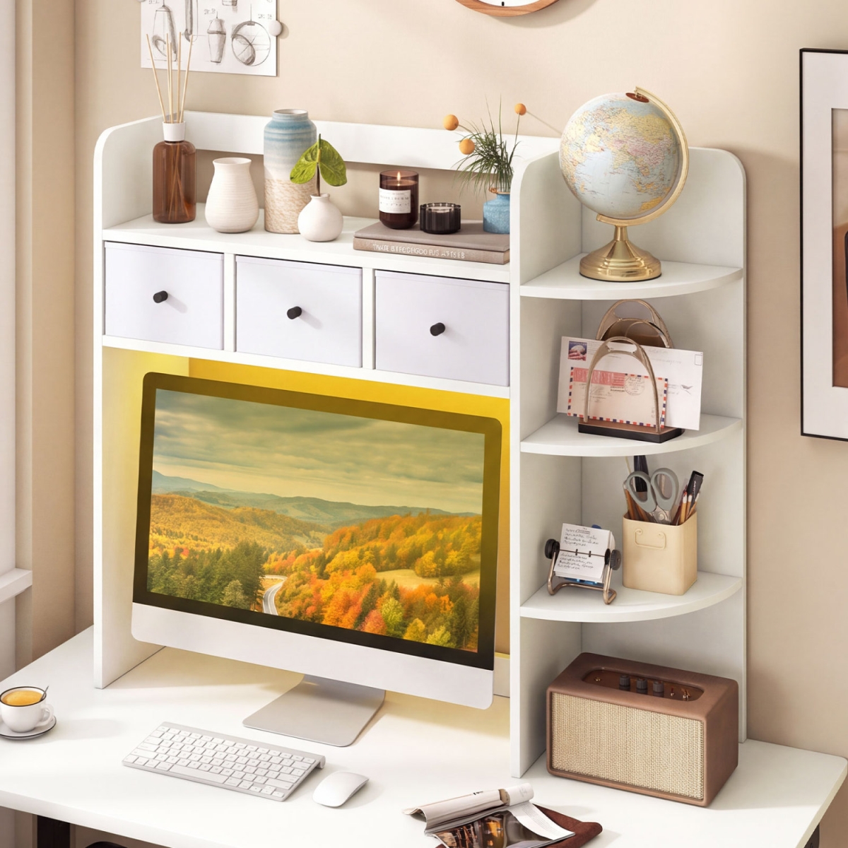 JZ10592TY-WH Desktop Bookshelf with LED Lights 5-Tier Shelves & 3 Drawers for Home Office - White