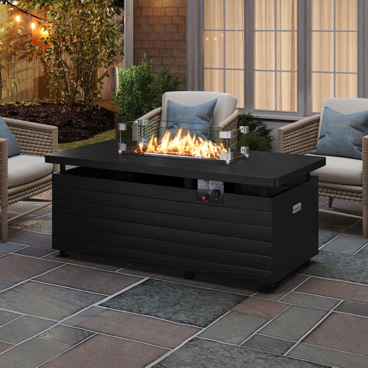 NP12694DK 51 in. Propane Fire Pit Table 50000 BTU Gas Firepit with Removable Lid & Tempered Glass Wind Guard for Patio - Black