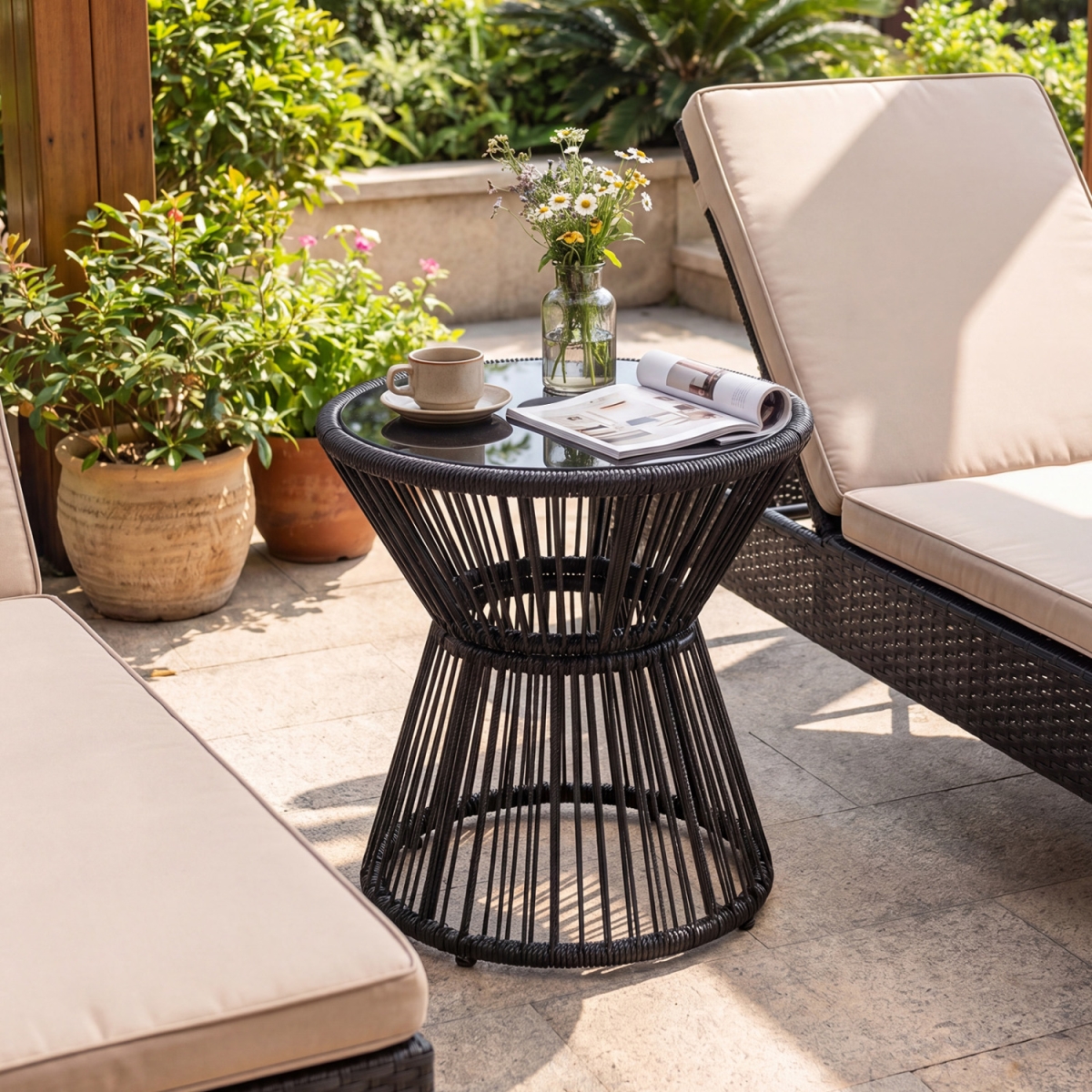 NP12786DK Outdoor Side Table with LED Warm Light & Tempered Glass Top - Black