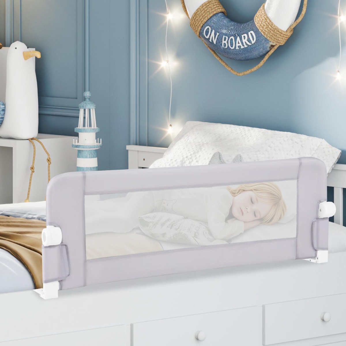 BS10048MS Foldable Swing Down Baby Bed Guard Rail - Light Gray