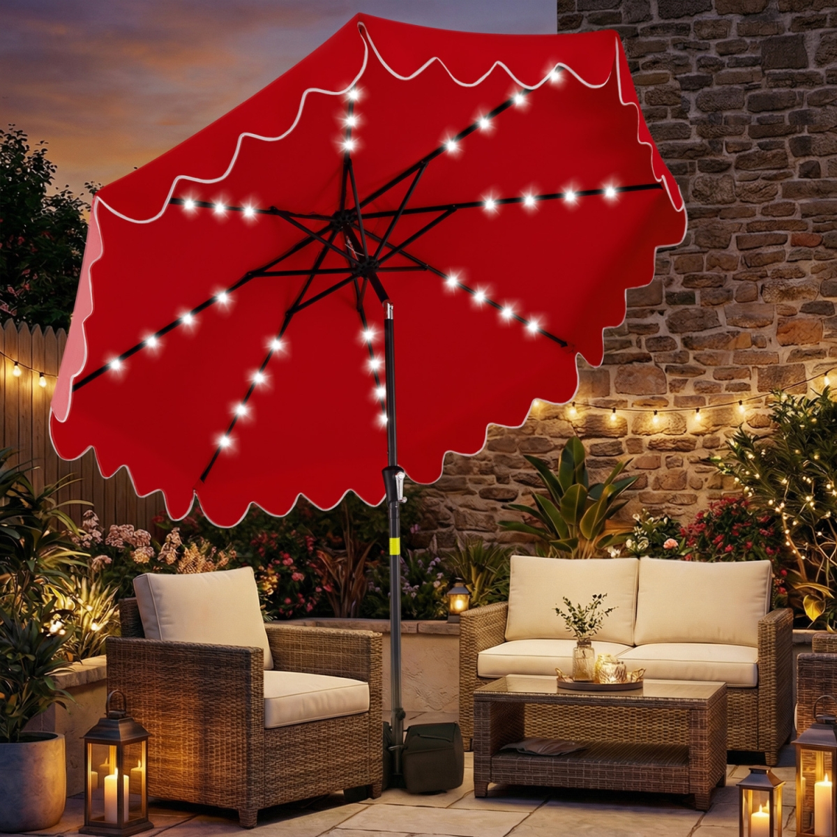 NP13207WN 9 ft. Outdoor Patio Umbrella with Solar LED Lights & Weighted Base - Red