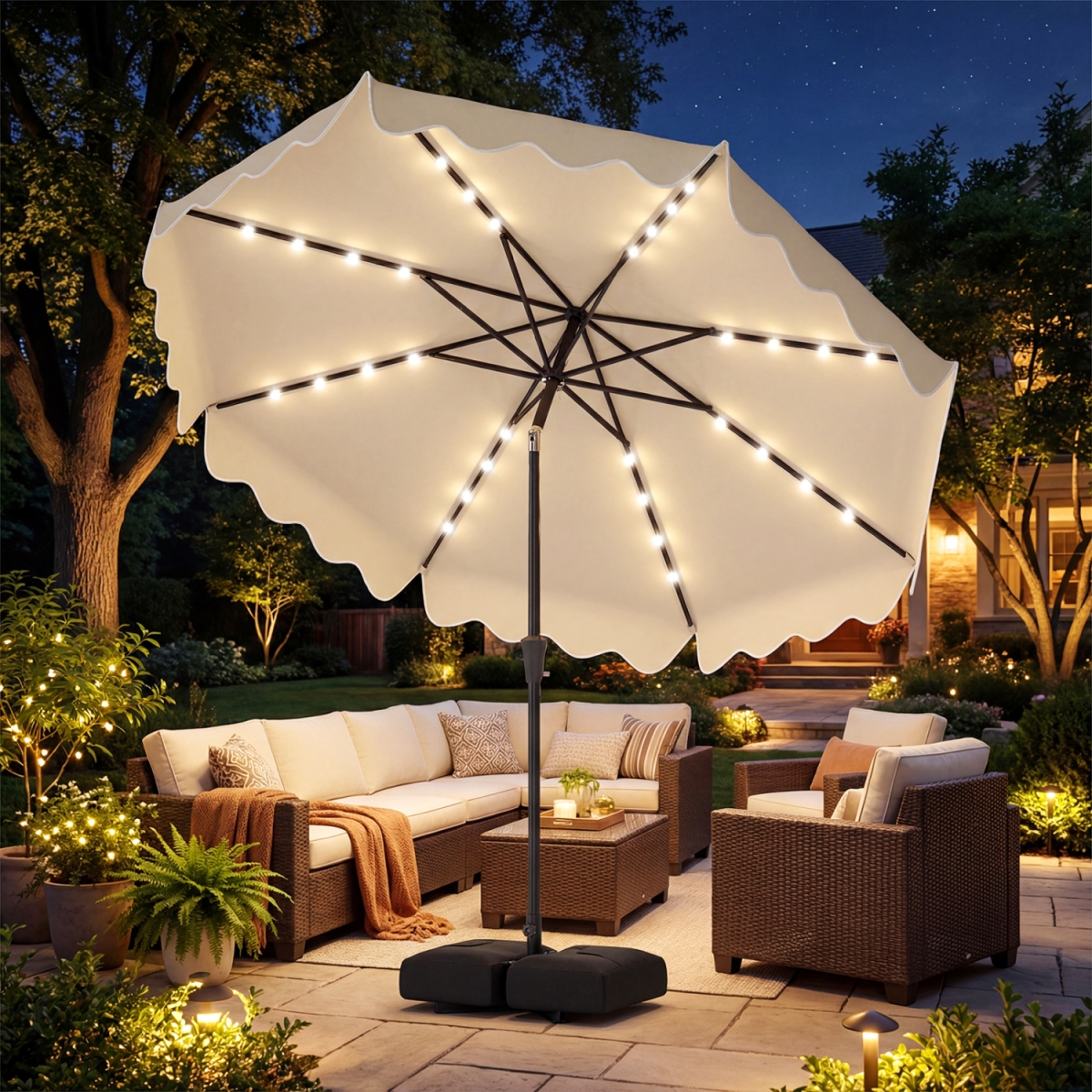 NP13208BE 10 ft. Outdoor Patio Umbrella with Solar LED Lights & Weighted Base - Beige
