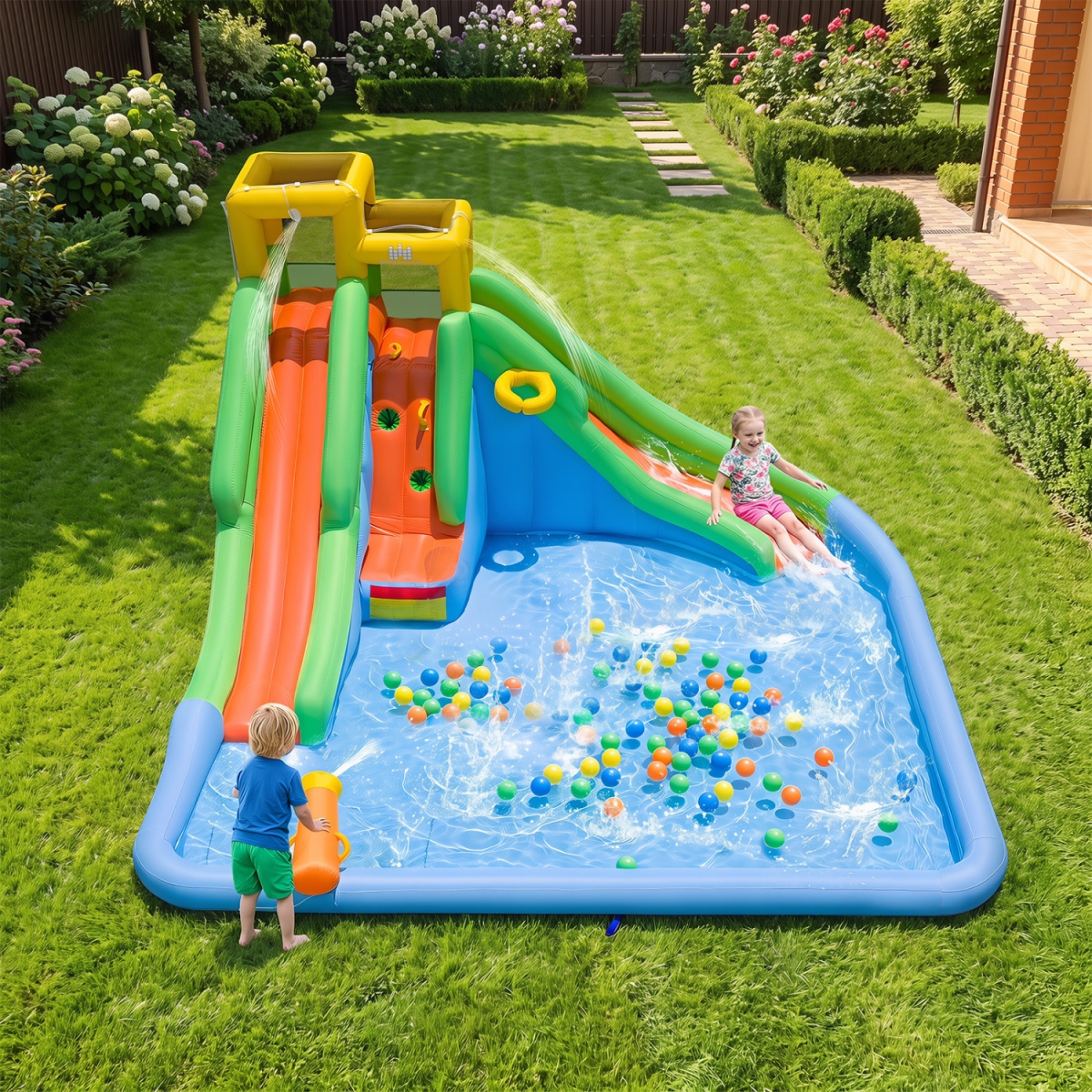 NP13230BT Inflatable Water Slide for Kids with Double Slides with Splash Pool Water Cannon & Basketball Hoop for Backyard Fun - Multi Color