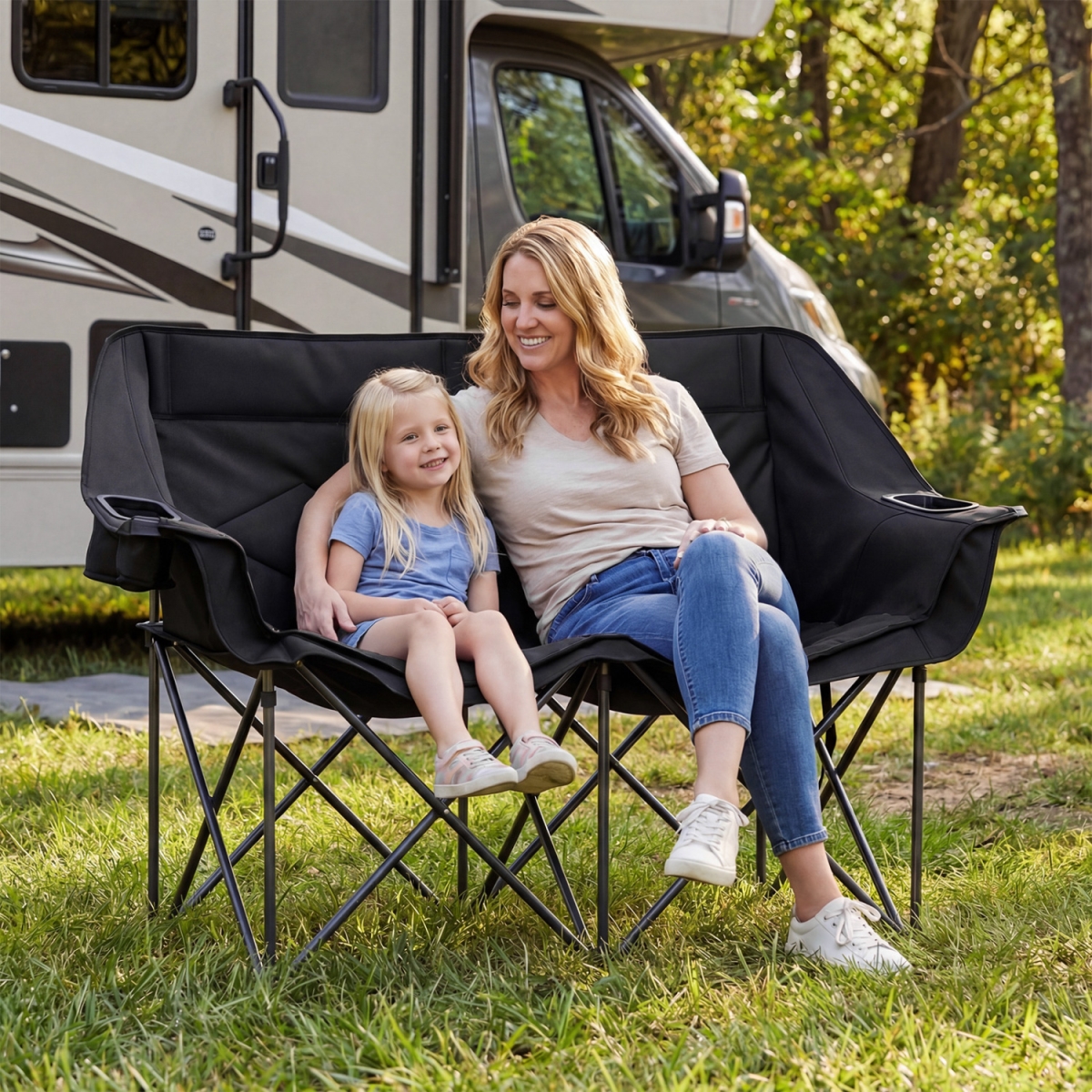 NP13269BK Double Camping Chair with Cup Holders Glass Racks & Mesh Pockets - Black