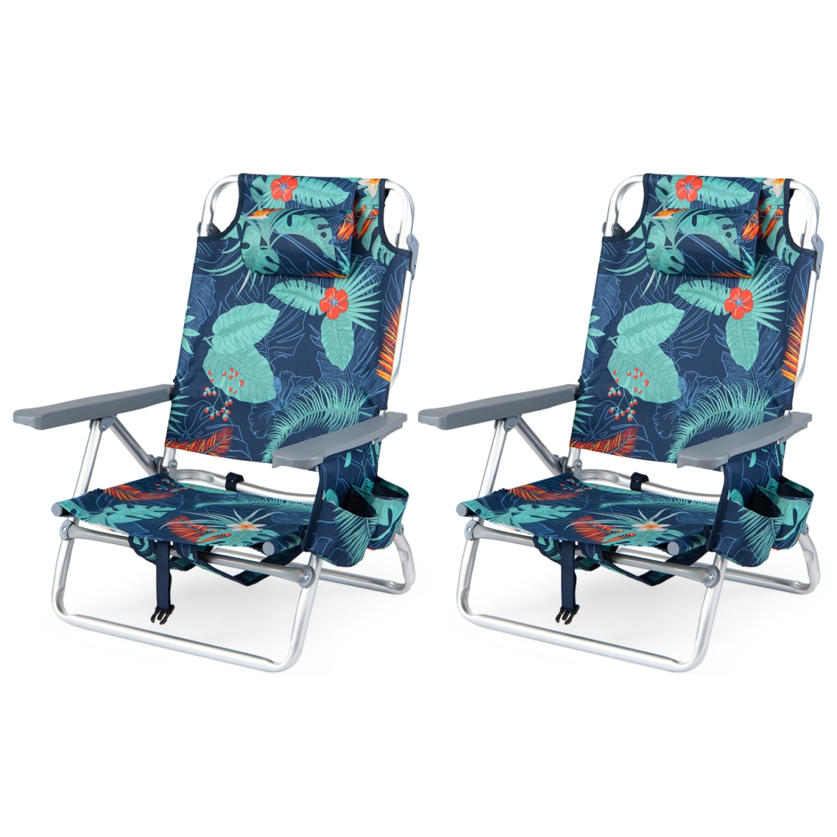 NP13352FW-2 Beach Chairs Portable Folding Backpack Recliners with 5-Position Backrest & Padded Headrest - Green - Set of 2