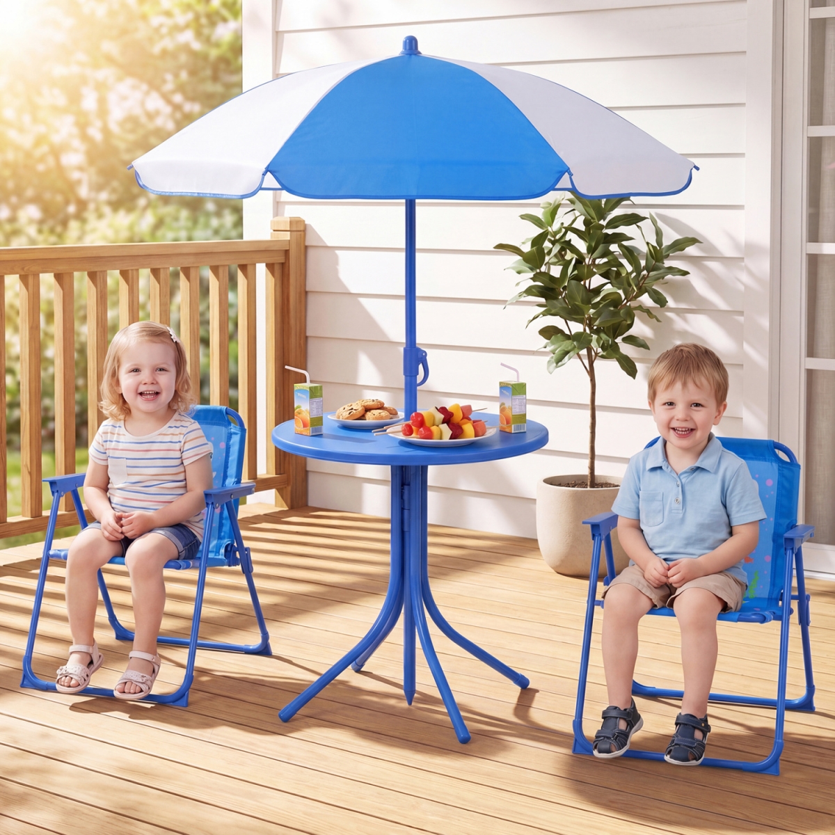 NP13404NY Kids Outdoor Table & Chair Set with 2 Folding Chairs & Height Adjustable Umbrella - Navy