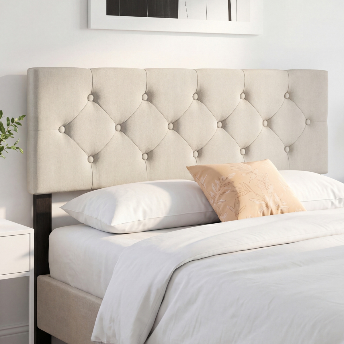 HU11402BE Upholstered Headboard for Queen & Full Size Beds Tufted Linen Fabric Bed Frame Mount Panel - Beige