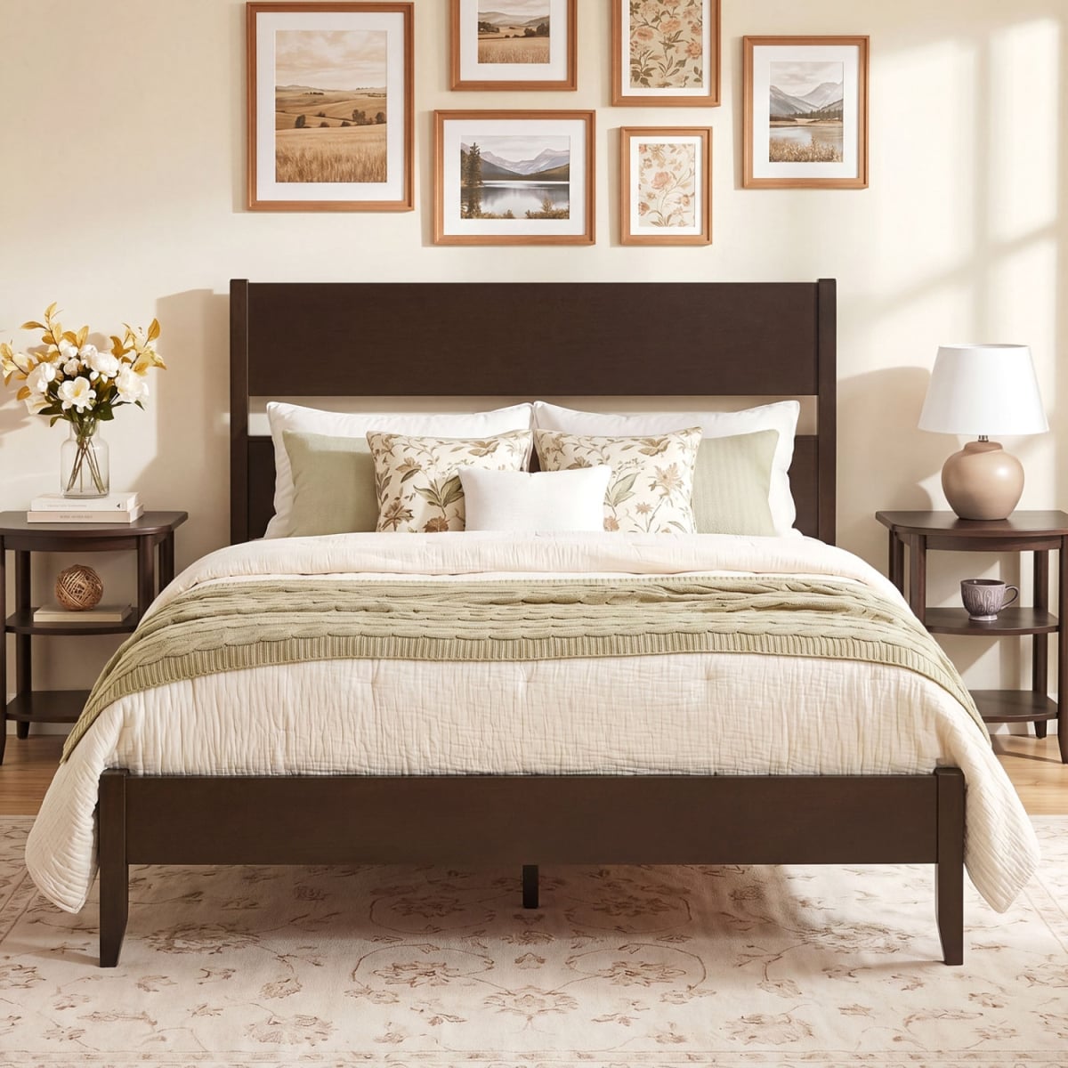 HU11455CF-F Full Size Bed Frame with Headboard & Solid Wood Legs 12 Slats - Dark Walnut