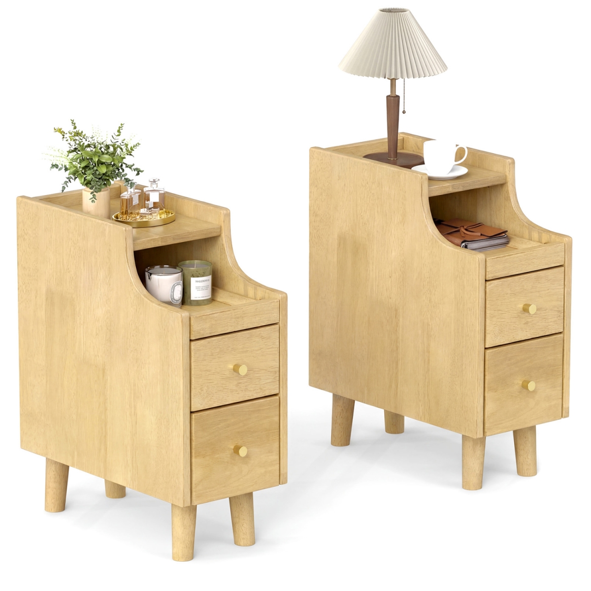 HU11058NA-2 Solid Wood Night Side Table with Pull-Out Tray & 2 Storage Drawers - Natural - Set of 2