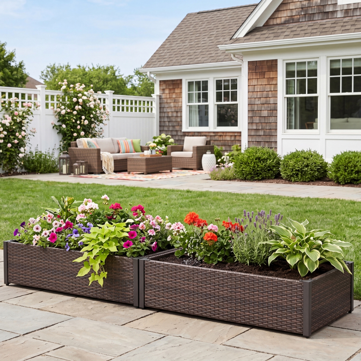 GT4769BN PE Rattan Elevated Raised Garden Bed with Open-Ended Base - Brown