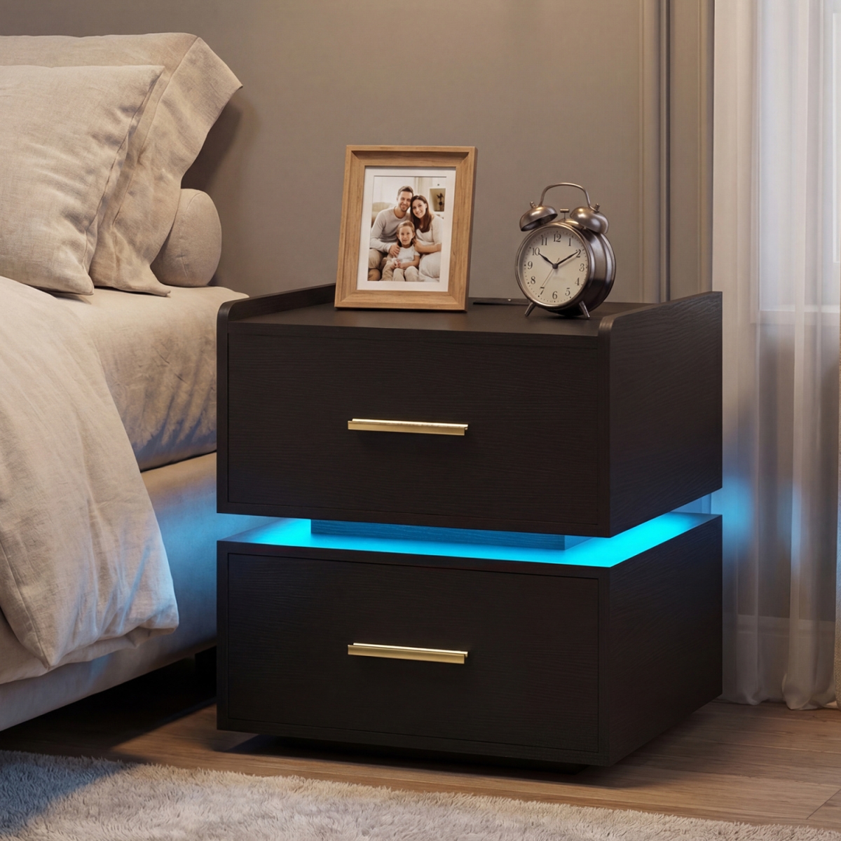 HU11278US-DK Nightstand with Charging Station LED Bedside Table with 2 Storage Drawers - Black
