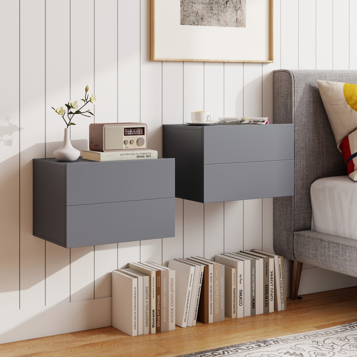 HU11322GR-2 2 Storage Drawers Wall Mounted Floating Nightstand for Bedroom - Gray