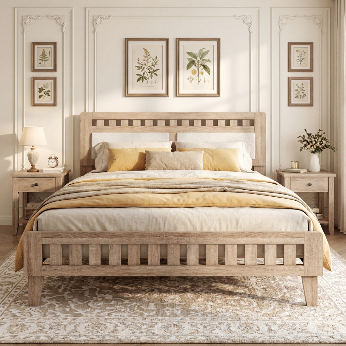 HU11361NA-Q Wood Bed Frame with Upholstered Headboard - Natural - Queen Size