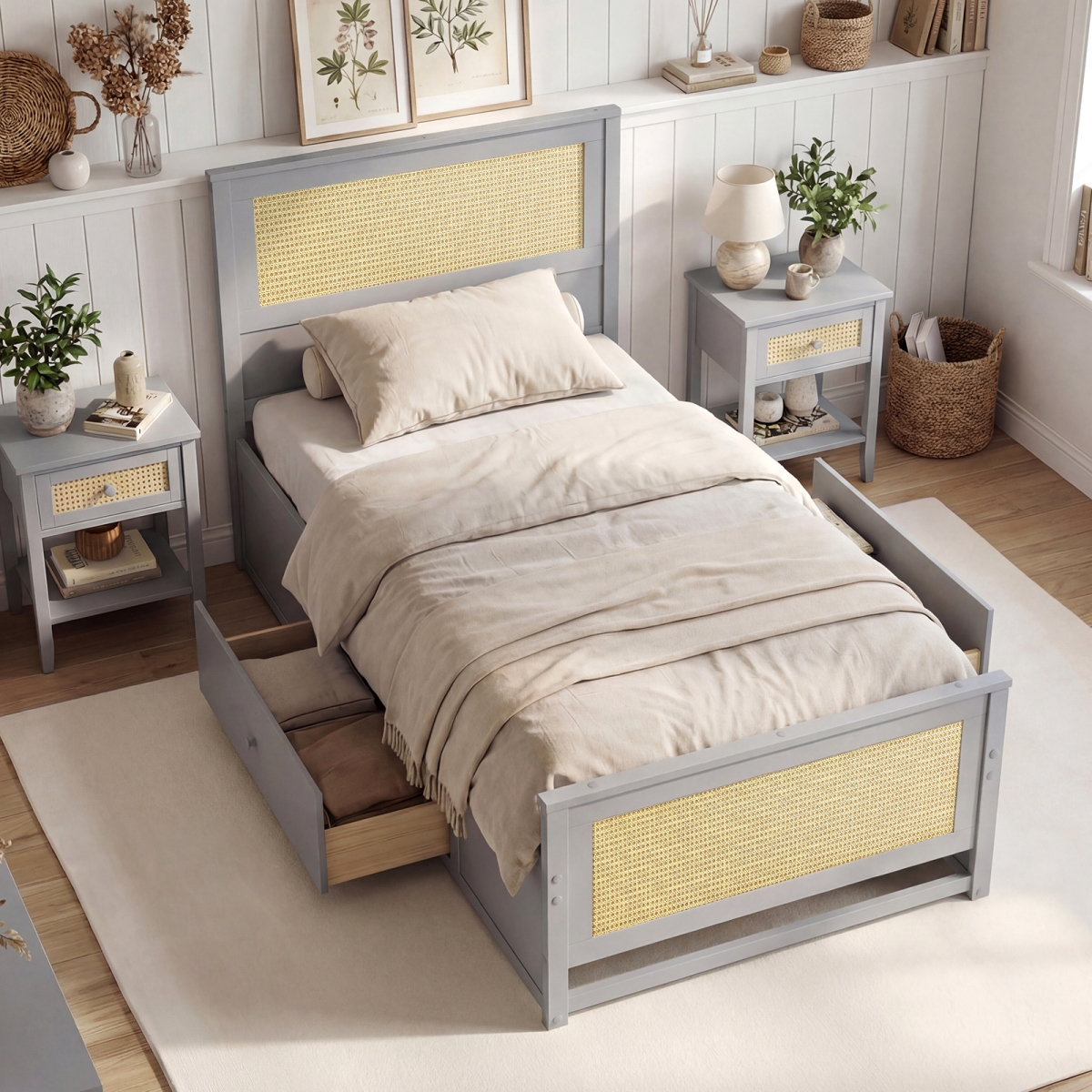HU11366GR-T Rattan Bed Frame with Storage Drawers - Gray - Twin Size