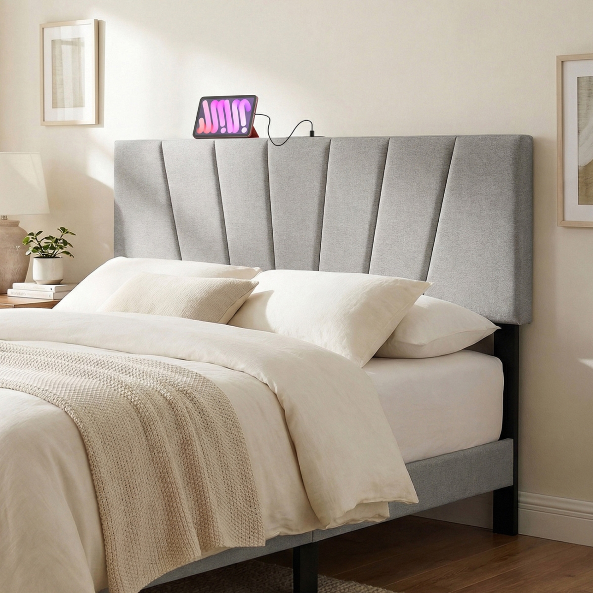 HU11373GR Geometric Upholstered Headboard for Queen & Full Size Bed - Gray