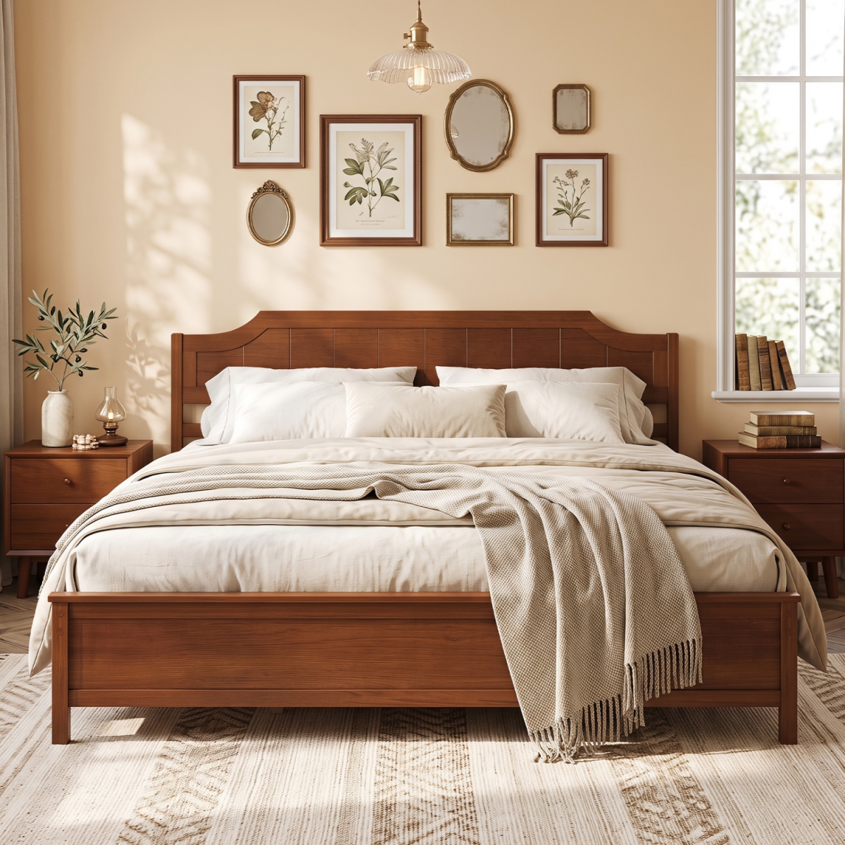 HU11499WN-K Solid Wood Platform Bed Frame with Headboard - Walnut - King Size