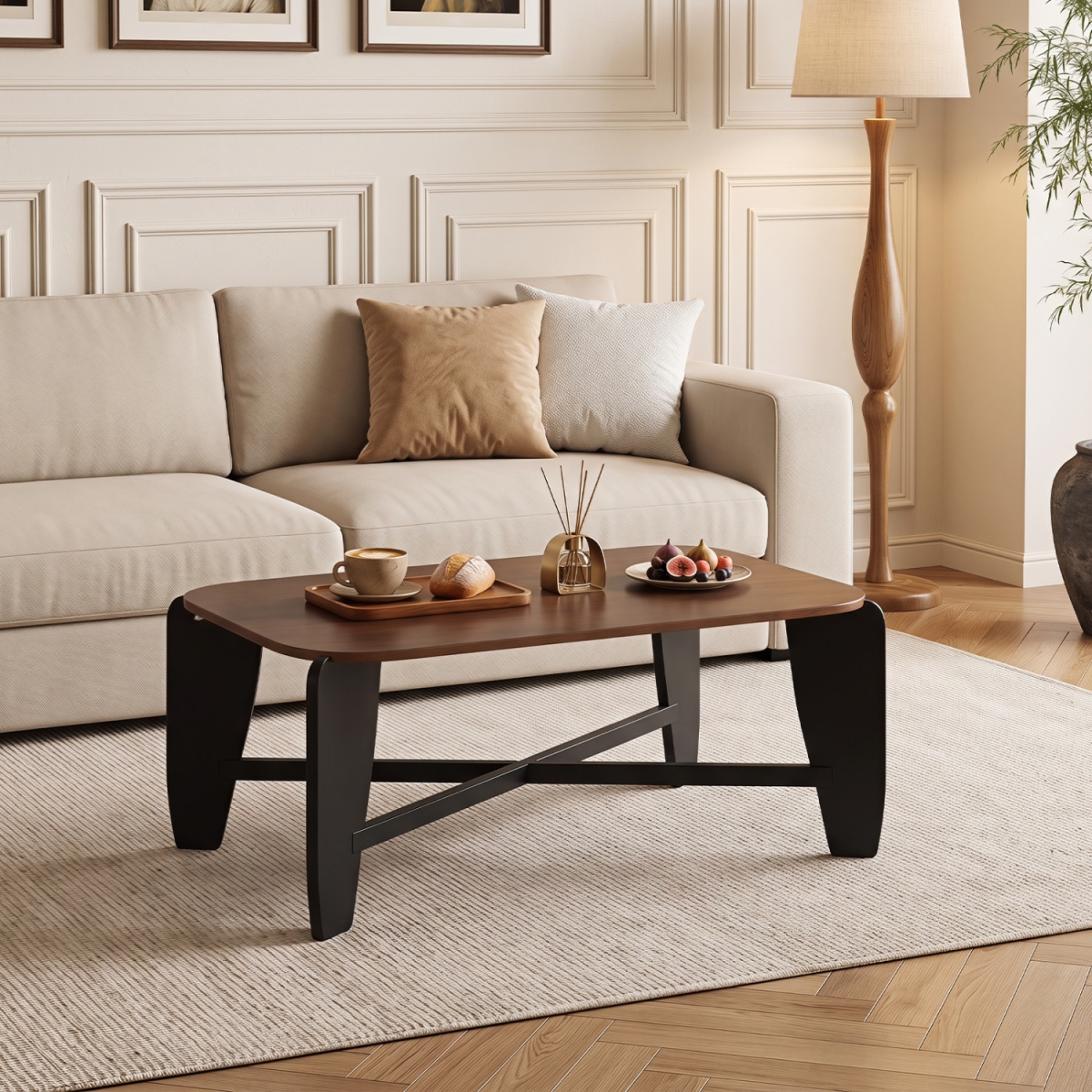 HV11084WN Modern Coffee Table with Rubber Wood Cross-Leg Base Rectangular Center Table - Walnut
