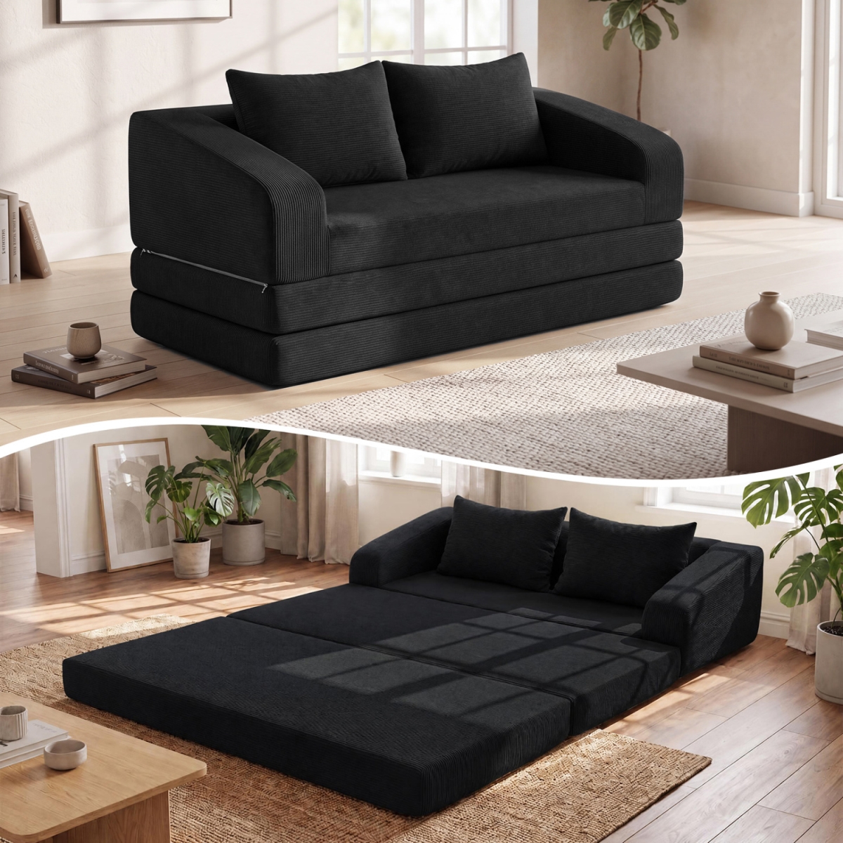 HV11105DK Corduroy Loveseat Sleeper Sofa with 2 Back Cushions for Living Room Bedroom Apartment - Black