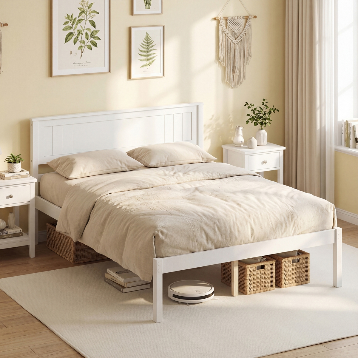 HU10482WH-F Sturdy Wooden Bed Frame with Headboard & Slat Support - Full Size