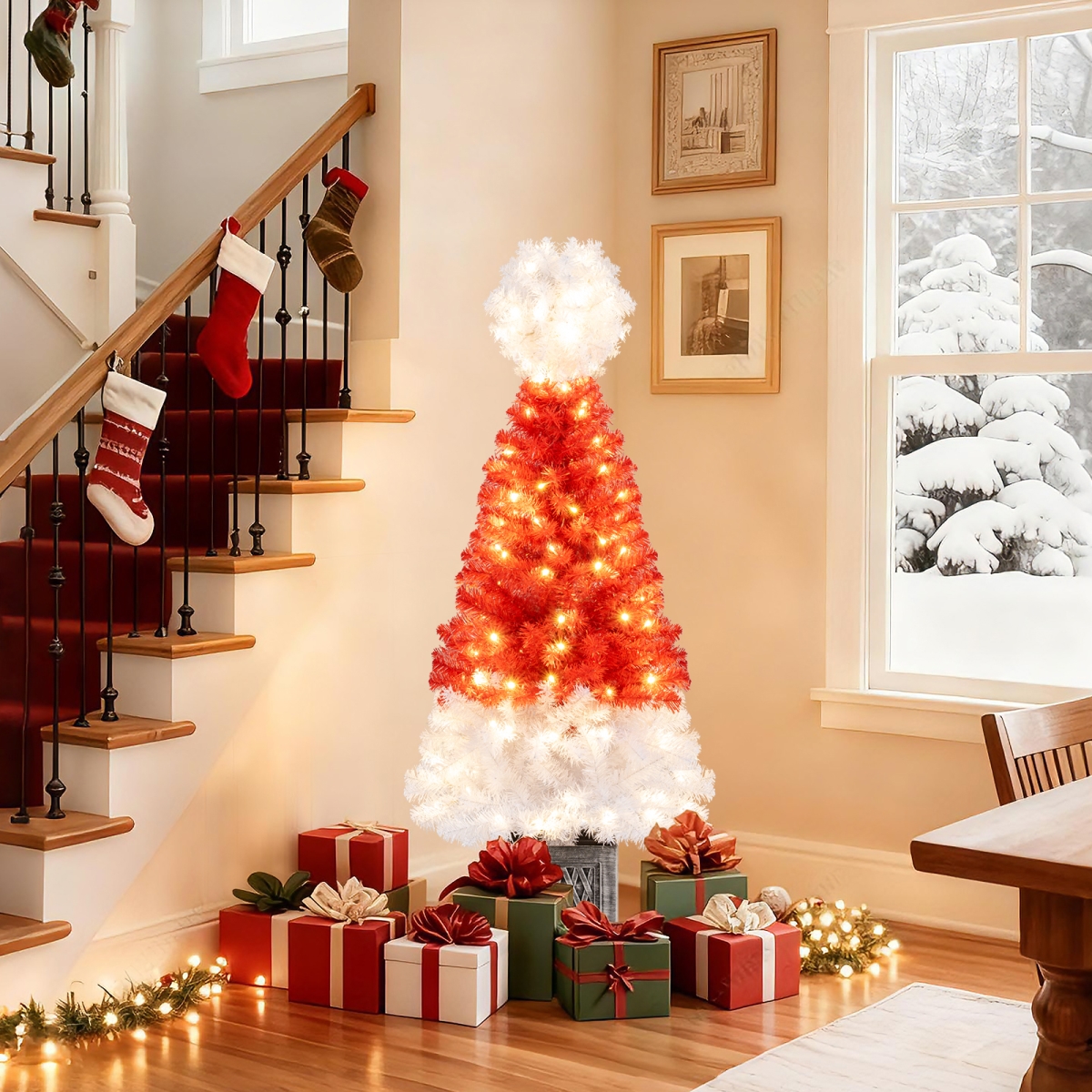 CM25515US 4 ft. Artificial Christmas Tree Santa Hat Xmas Tree with 300 Branch Tips - Red