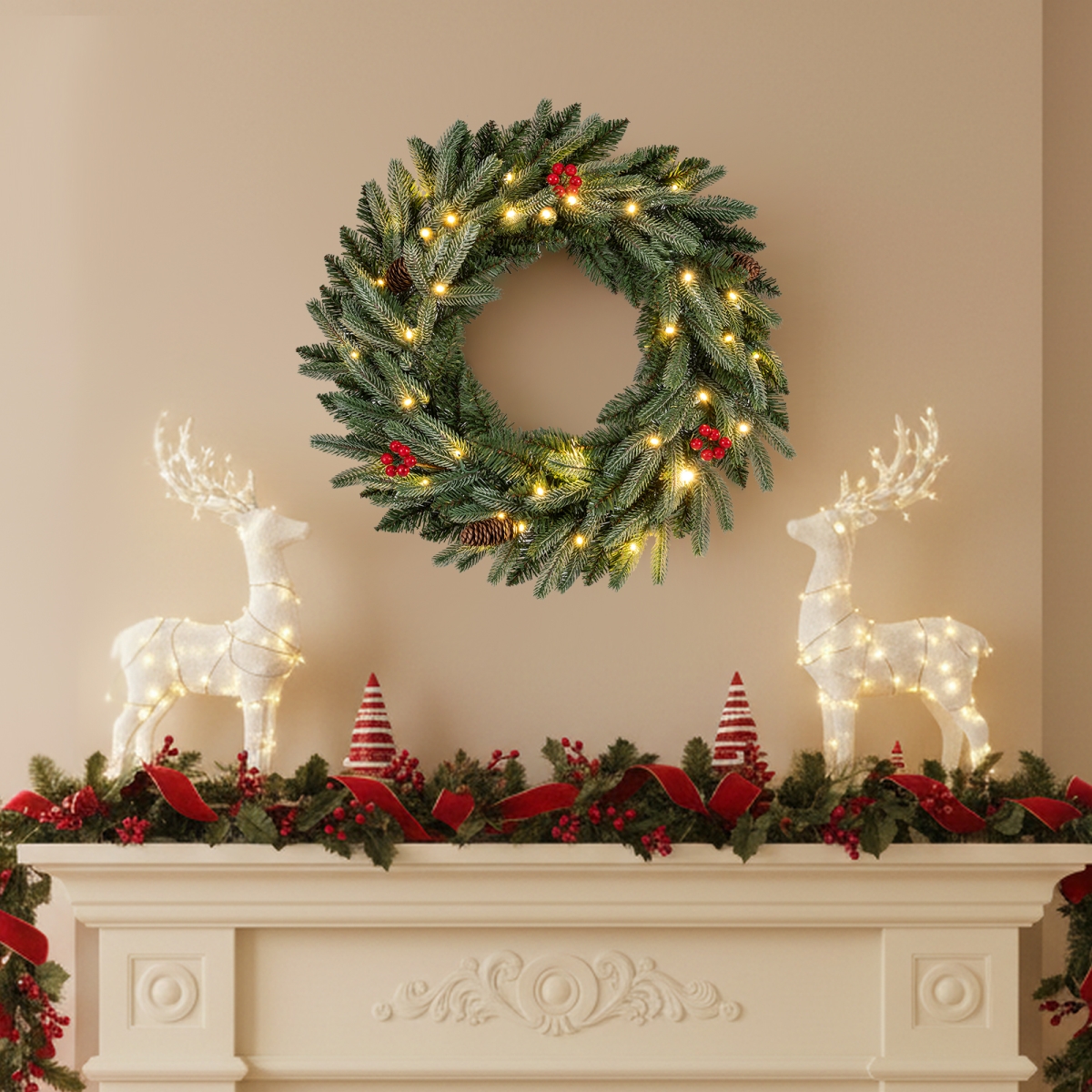 CM25518 24 in. Pre-Lit Christmas Wreath Front Door Artificial Xmas Wreath with 90 Frosted Branch Tips
