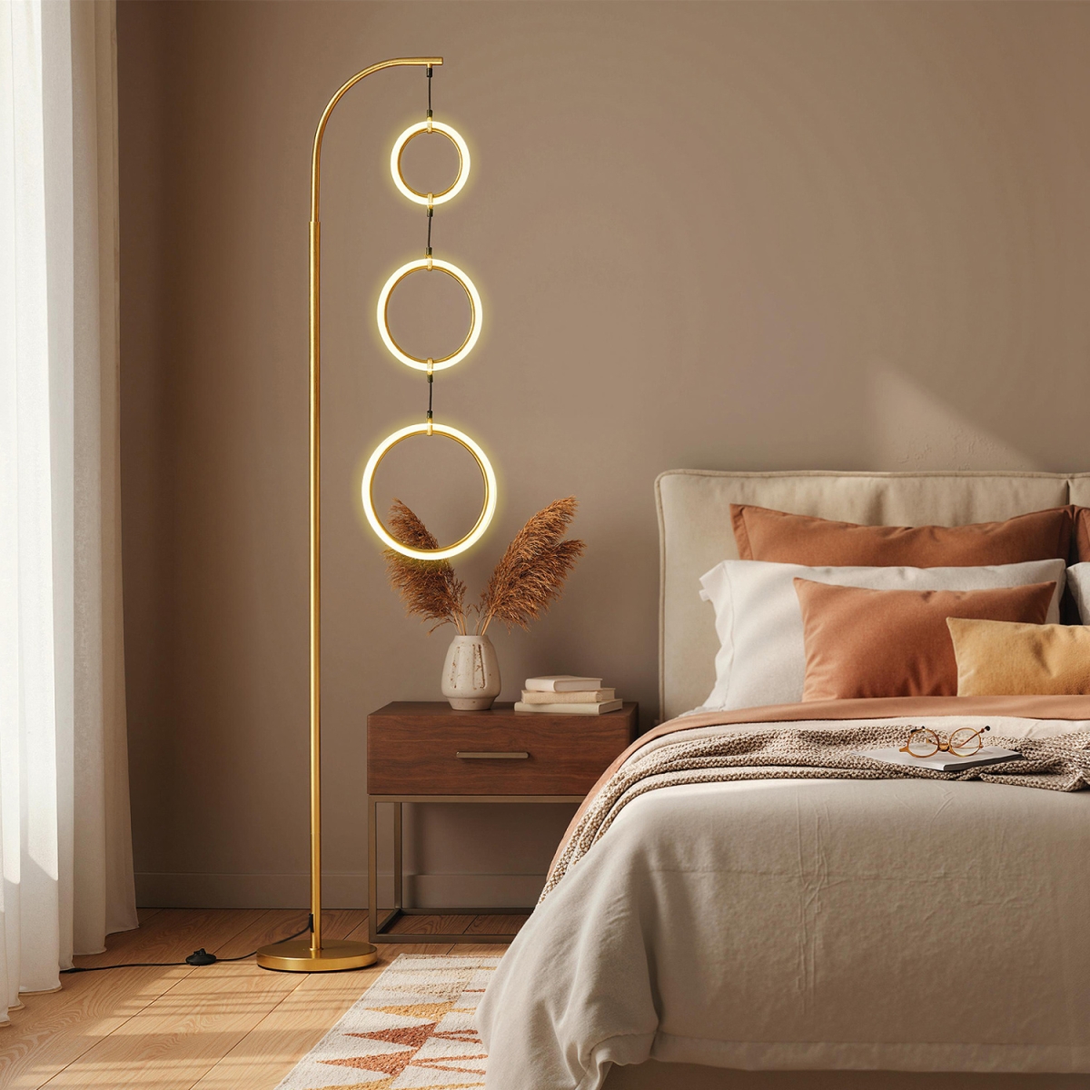 EU10171US-GD 3-Circle Dimmable LED Floor Lamp with Foot Pedal Switch 3 Color Temperatures - Golden