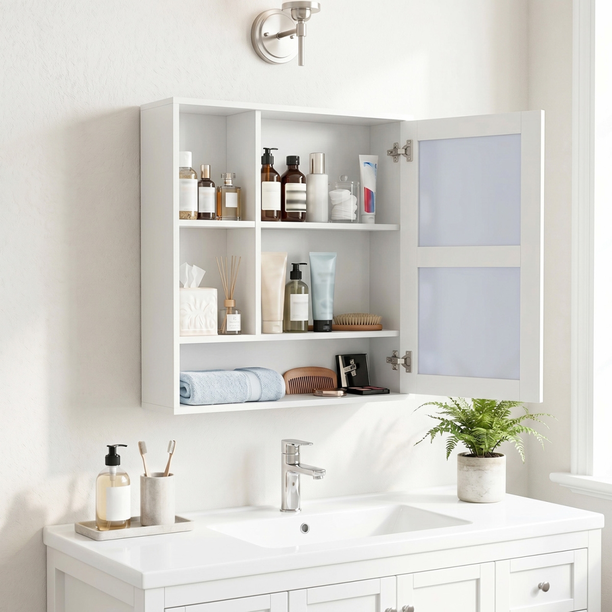 BA8503WH Wall-Mounted Mirror Cabinet with 2 Hidden Shelves & 3 Open Compartments - White
