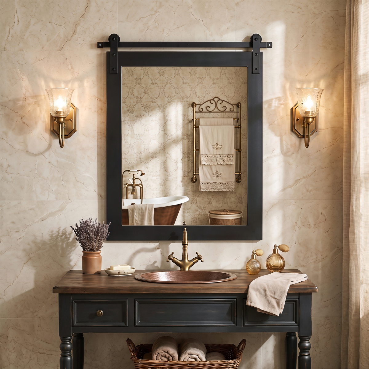 BA8532DK 29 x 23 in. Rectangle Farmhouse Wall Mirror with Metal Bracket for Bathroom - Black