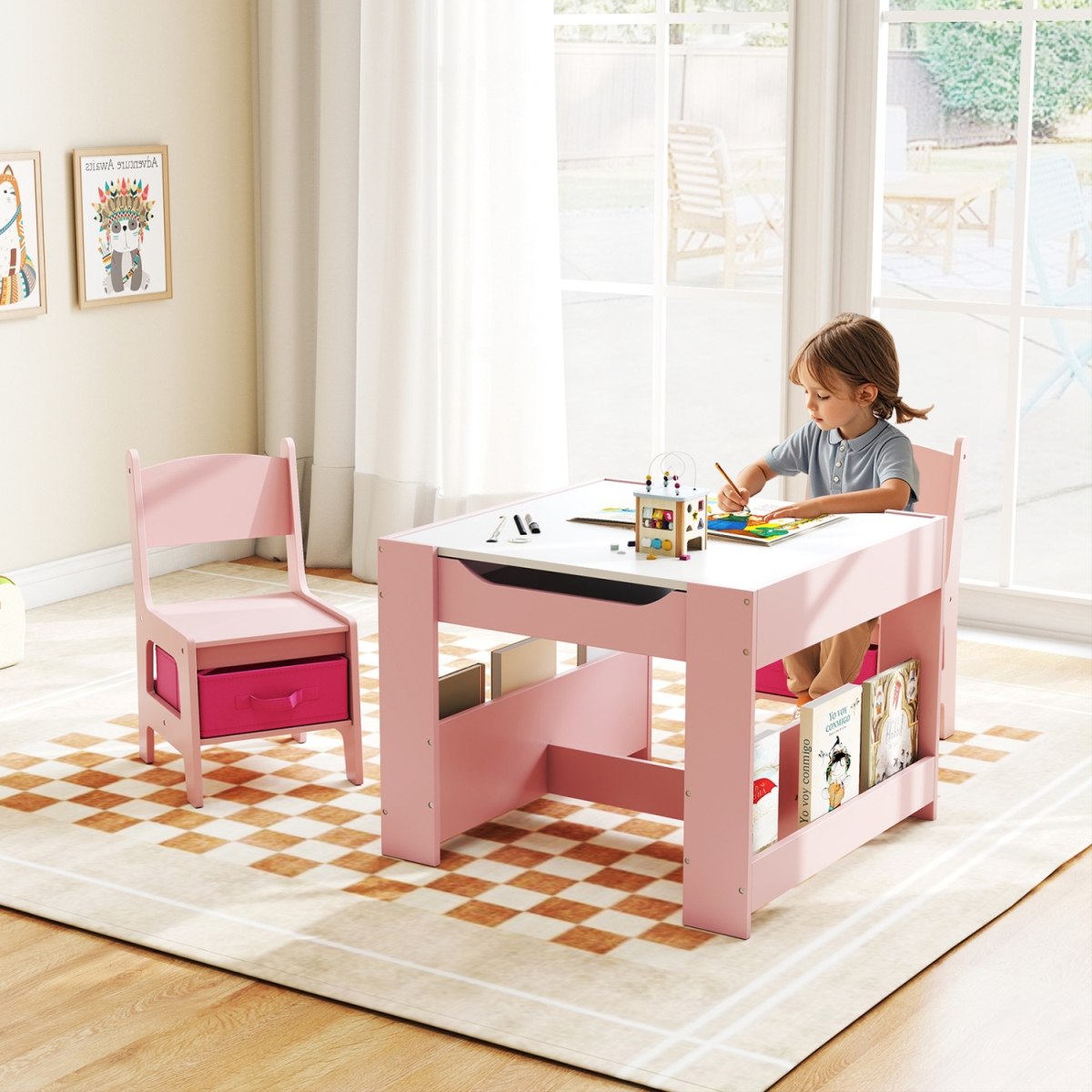 HY10282PI 4 in 1 Kids Toddler Activity Table & Chairs Set with Reversible Tabletop - White & Pink