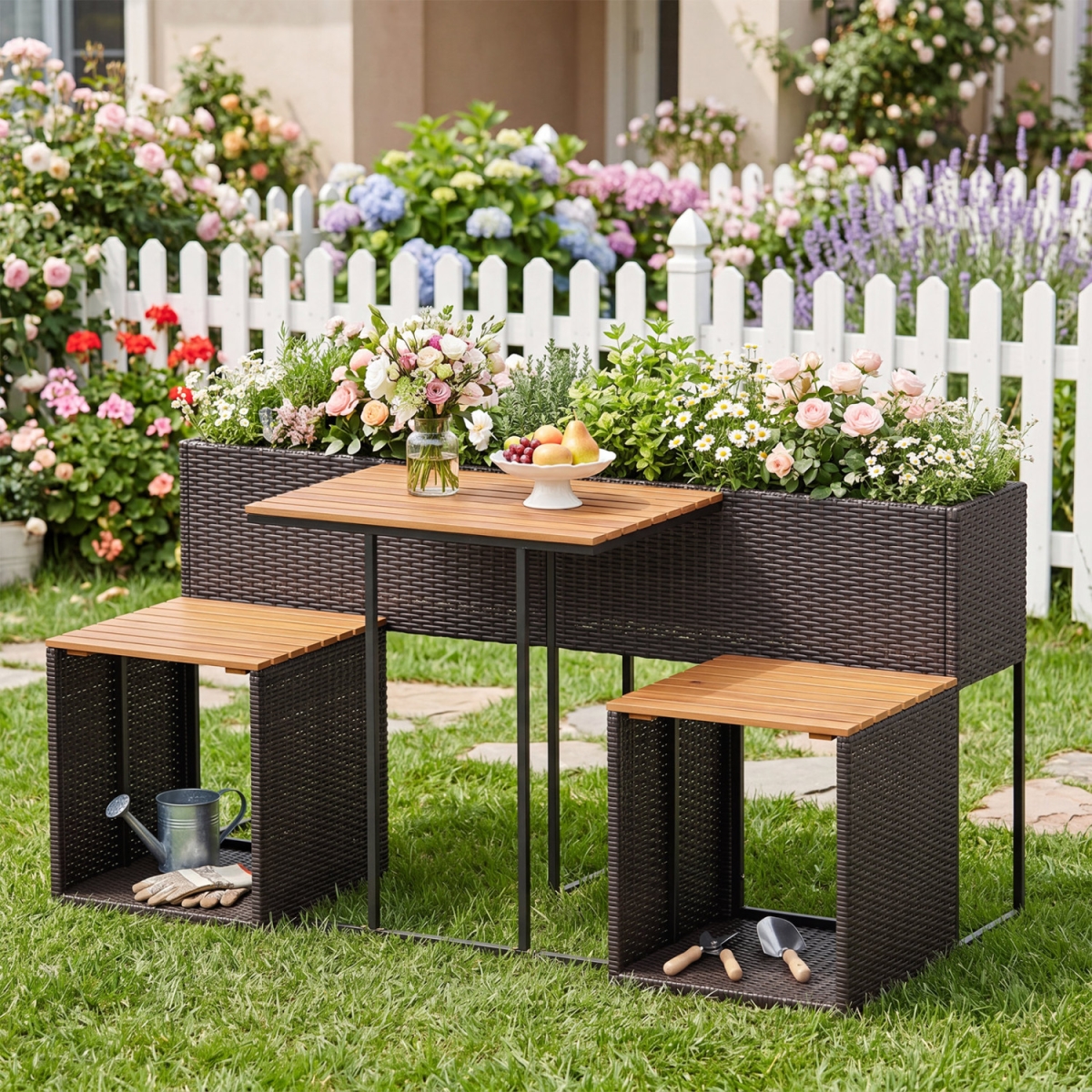HW74046BN Planter Table & Chairs Set with Bottom Storage Shelf - Brown
